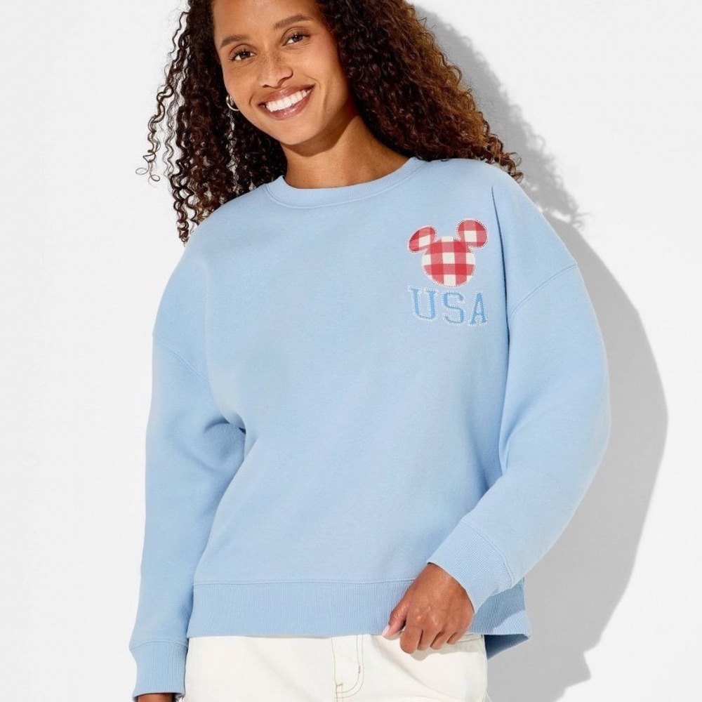 Disney Grayson Threads Womens Blue Mickey Mouse USA Sweatshirt Gingham Large NEW